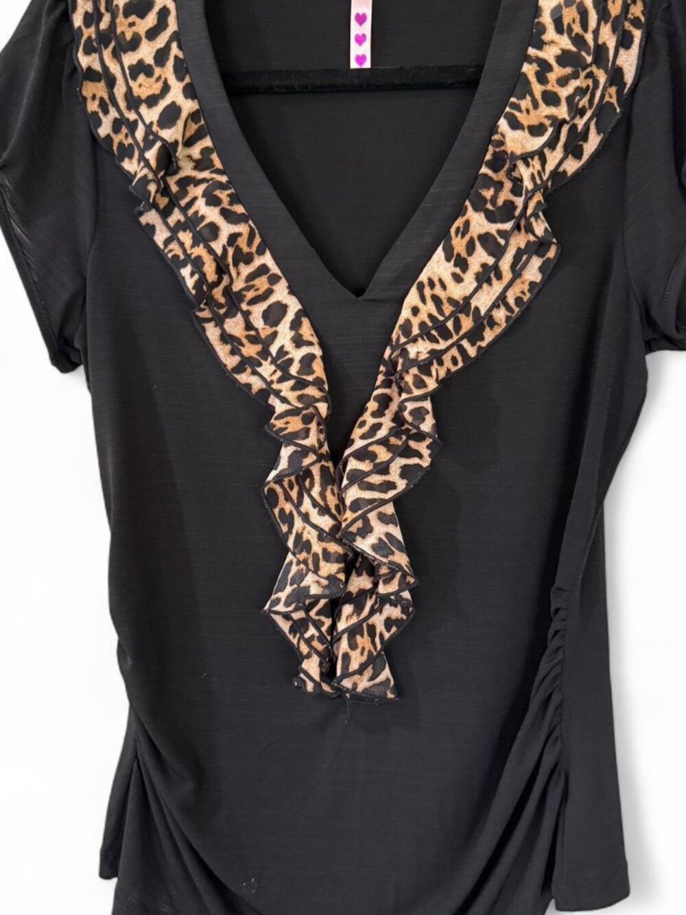 SO Black Leopard Print Ruffle Top L